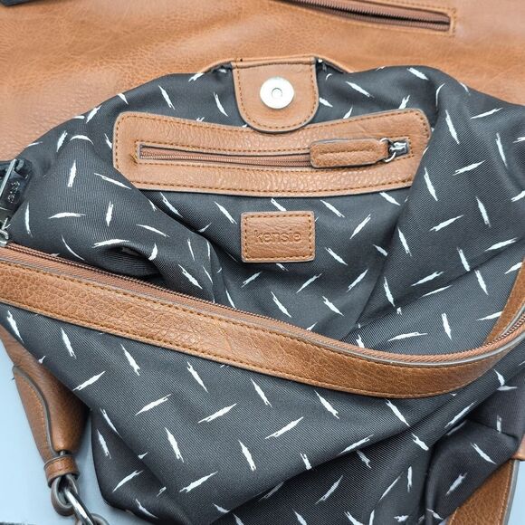 Kensie Hobo Purse Shoulder Bag Denim Patchwork Design Faux Brown Leather - Picture 8 of 17